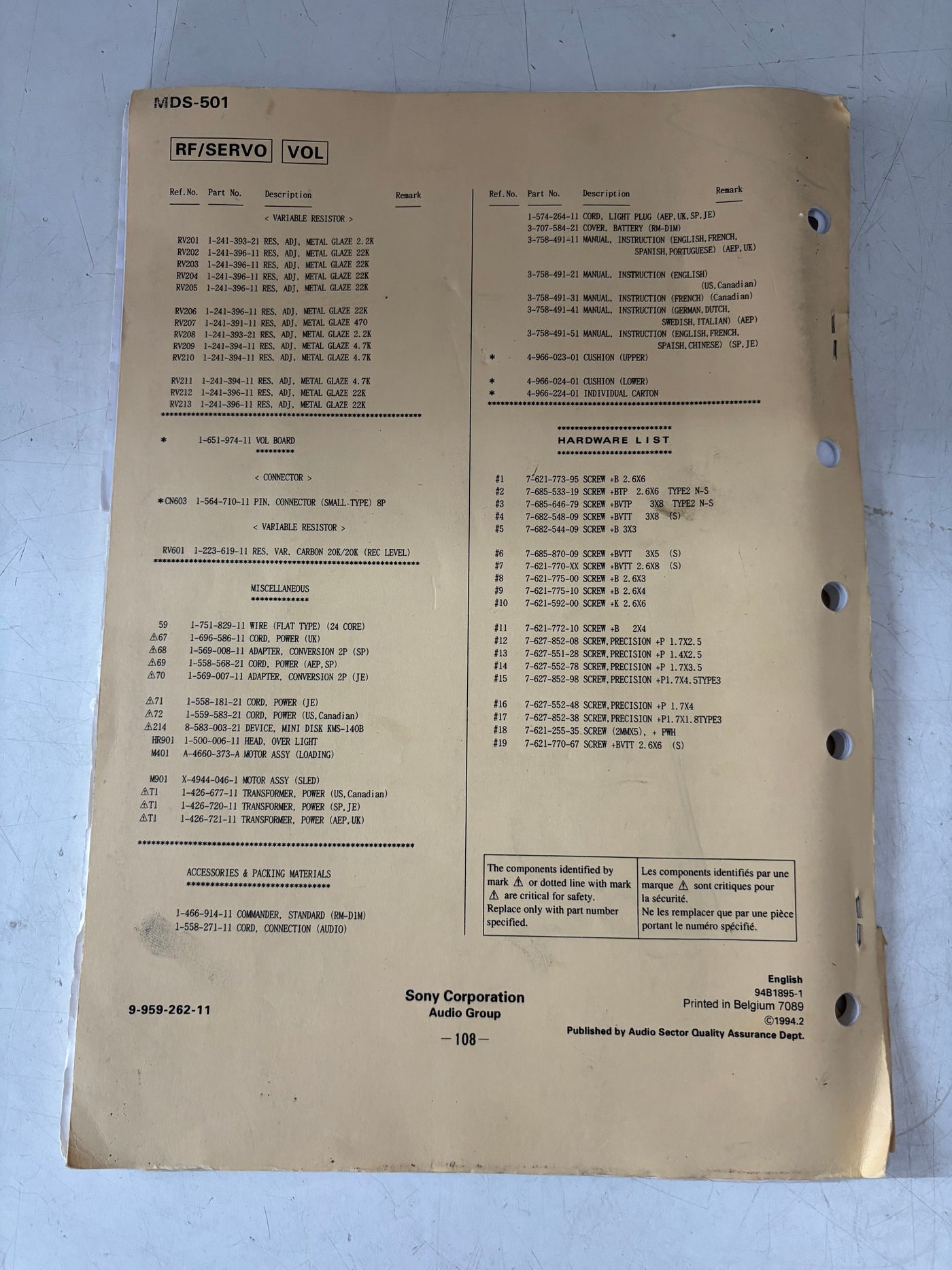 Sony MDS-501 Minidisc Recorder Service Manual