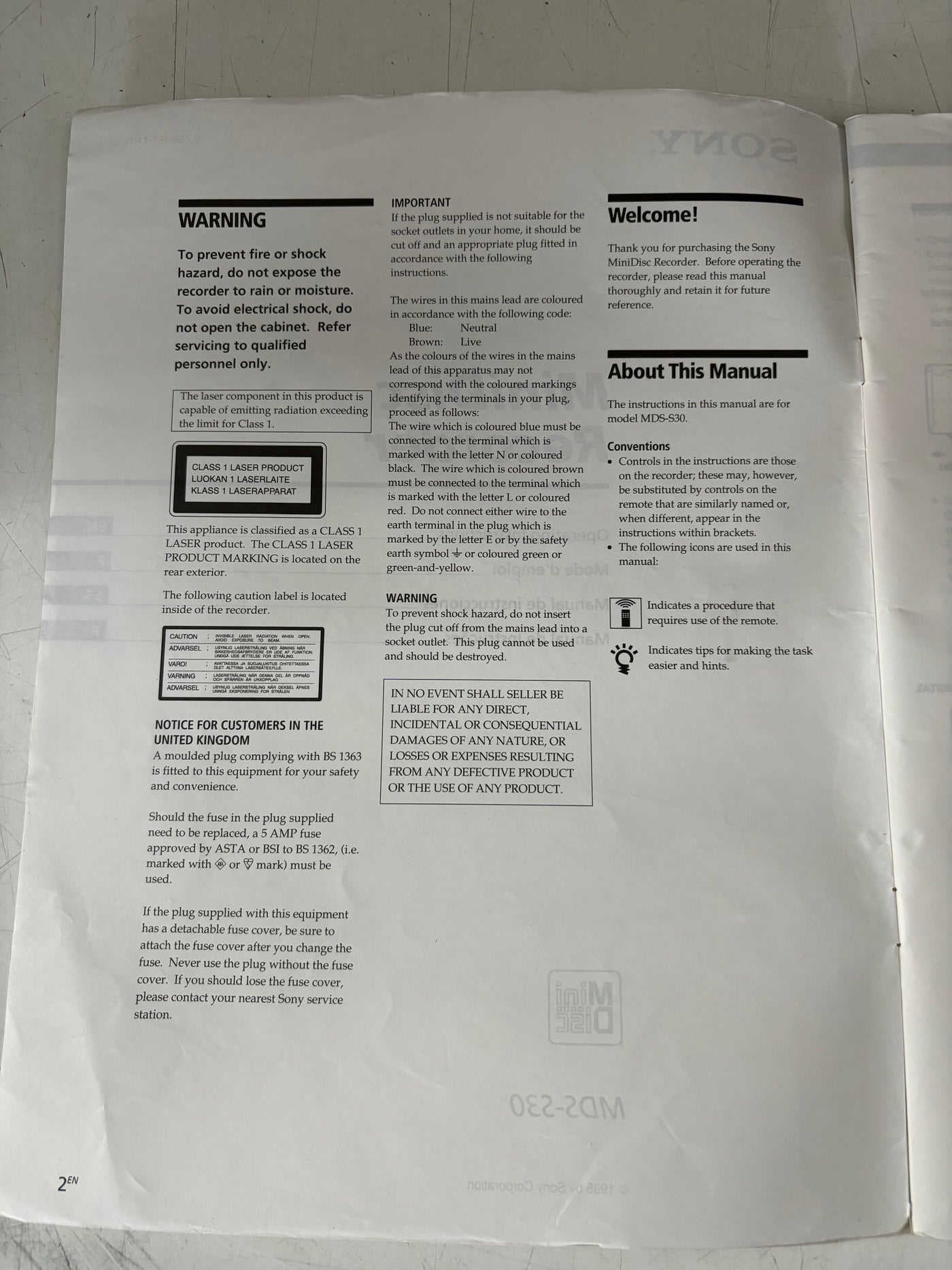 Sony Minidisc Recorder MDS-S30 User Manual