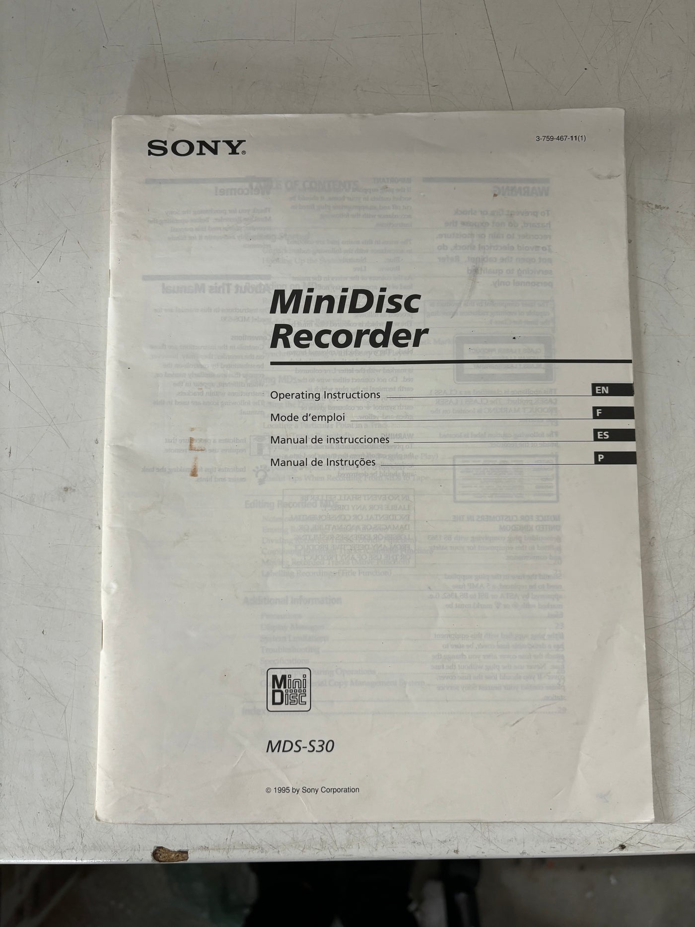 Sony Minidisc Recorder MDS-S30 User Manual