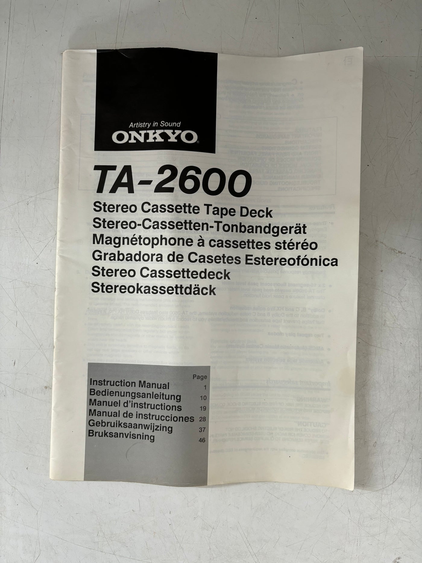 Onkyo TA-2600
Stereo Cassette Tape Deck User Manual