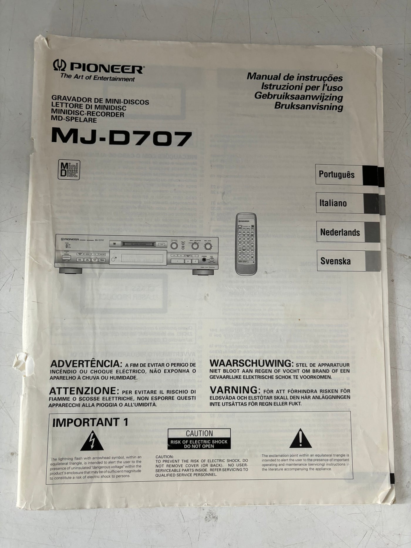 Pioneer MJ-D707 Mini Disc Recorder User Manual