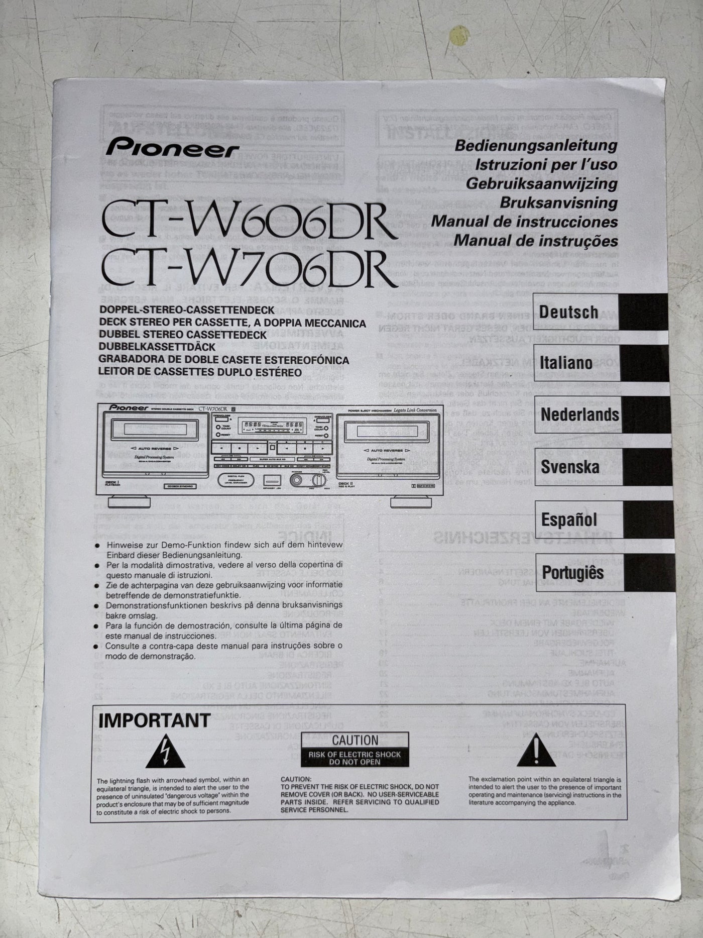 Pioneer CT-W606DR / CT-W706DR Stereo Double Cassette Deck User Manual